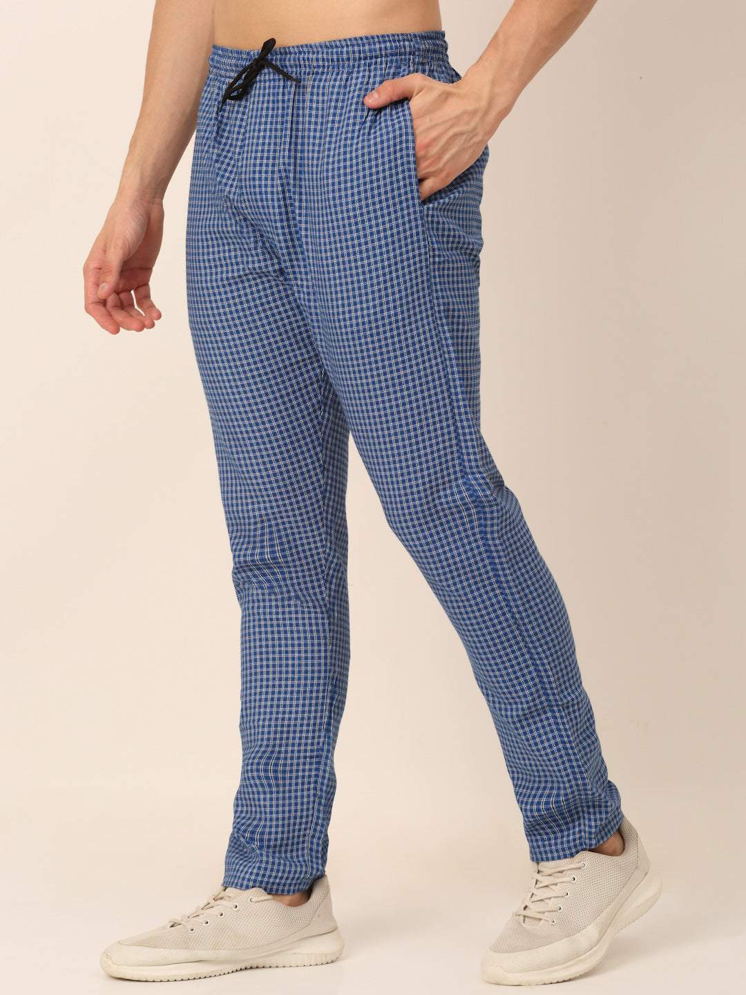 Jainish Men's Checked Cotton Track Pants - Blue | Grocsy