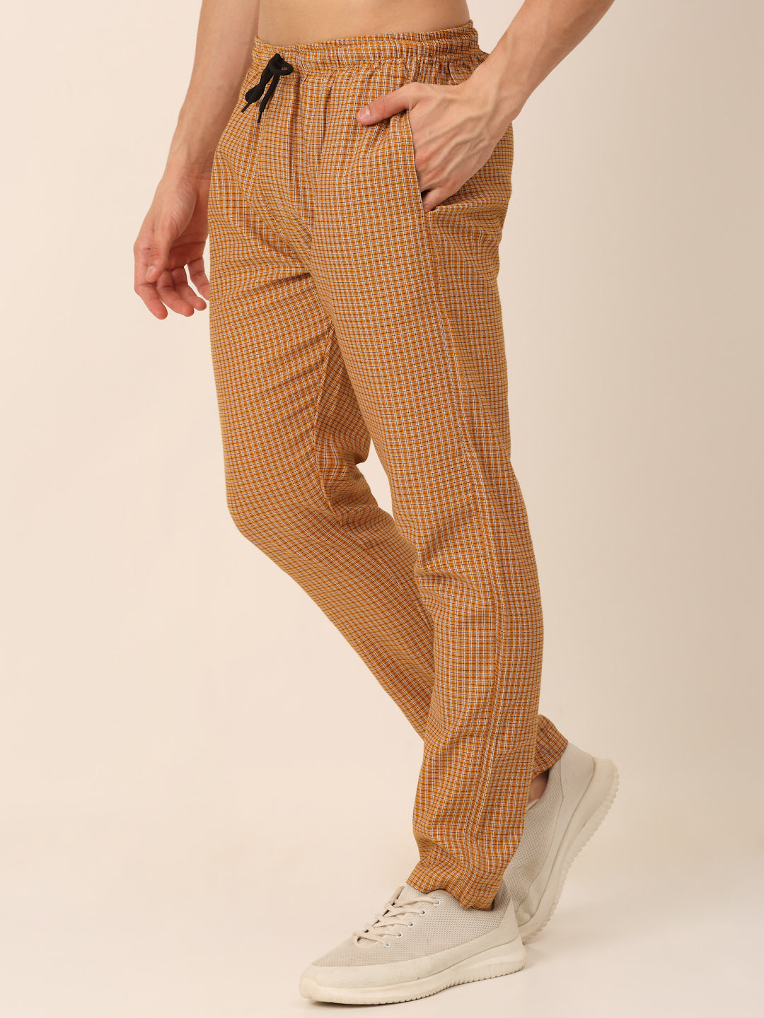 Jainish Men's Checked Cotton Track Pants - Mustard | Grocsy