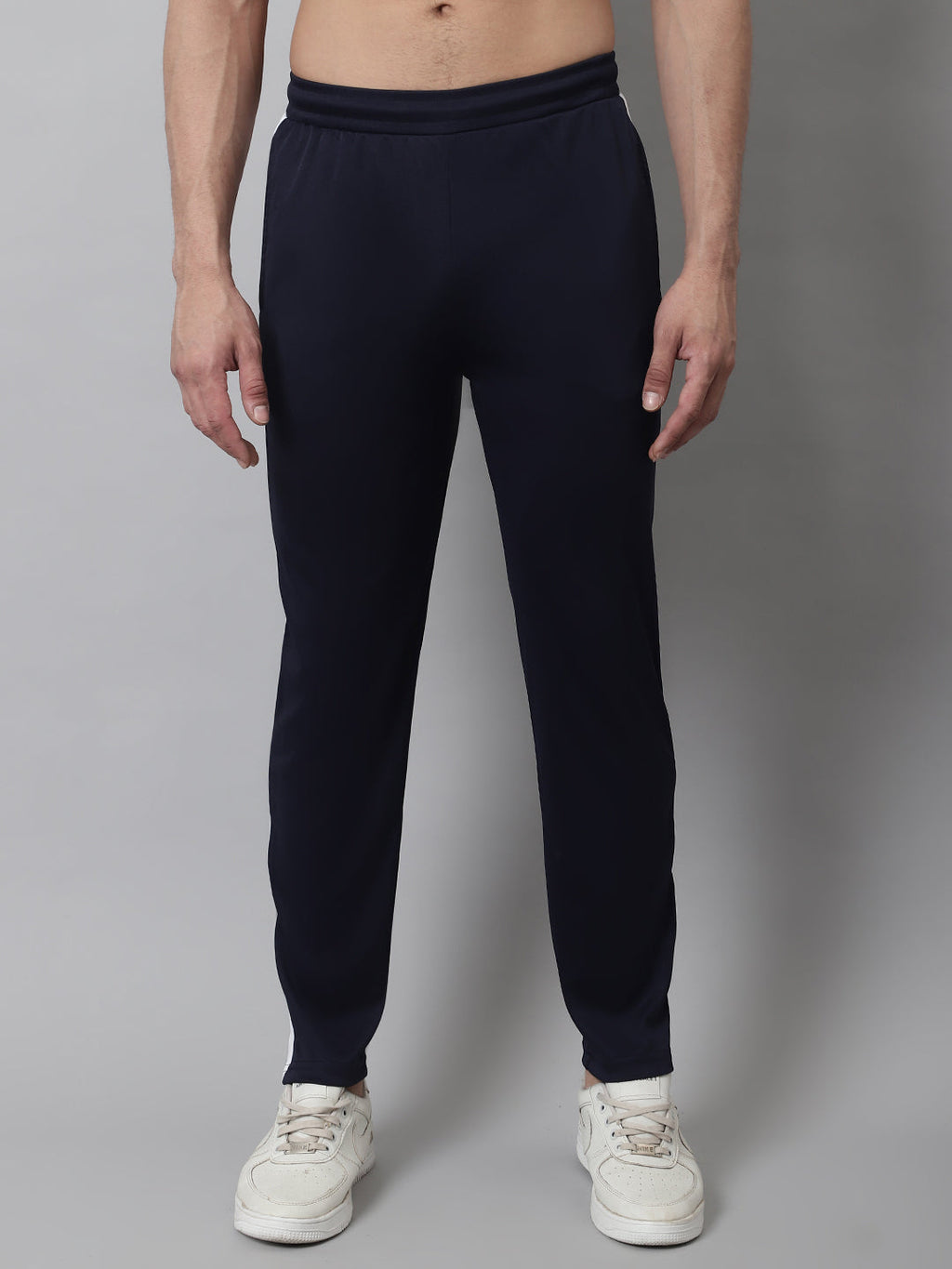 Jainish Men's Navy Blue and White Striped Streachable Lycra Trackpants | Grocsy
