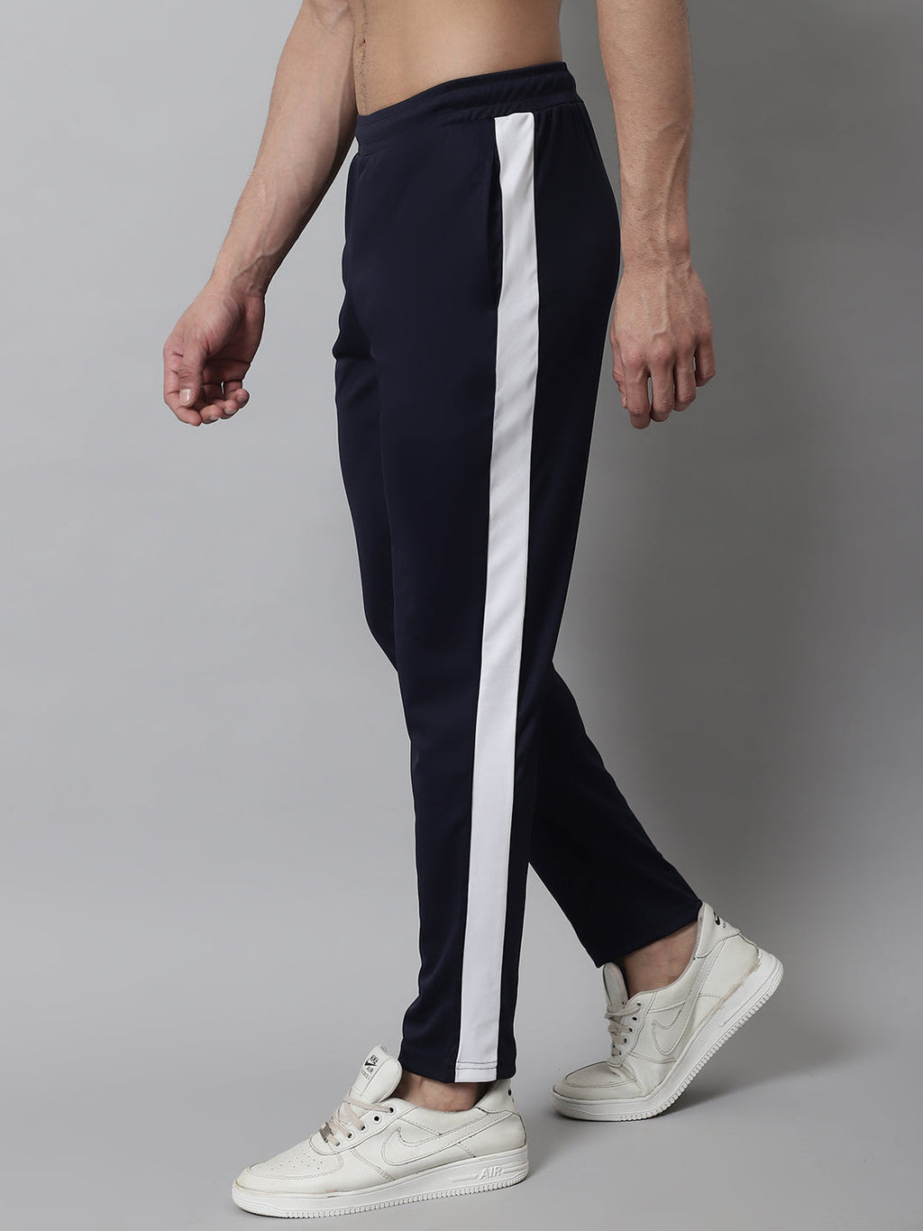 Jainish Men's Navy Blue and White Striped Streachable Lycra Trackpants | Grocsy