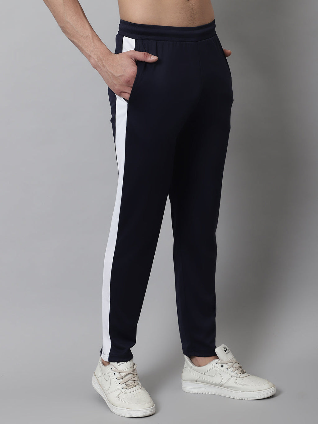 Jainish Men's Navy Blue and White Striped Streachable Lycra Trackpants | Grocsy