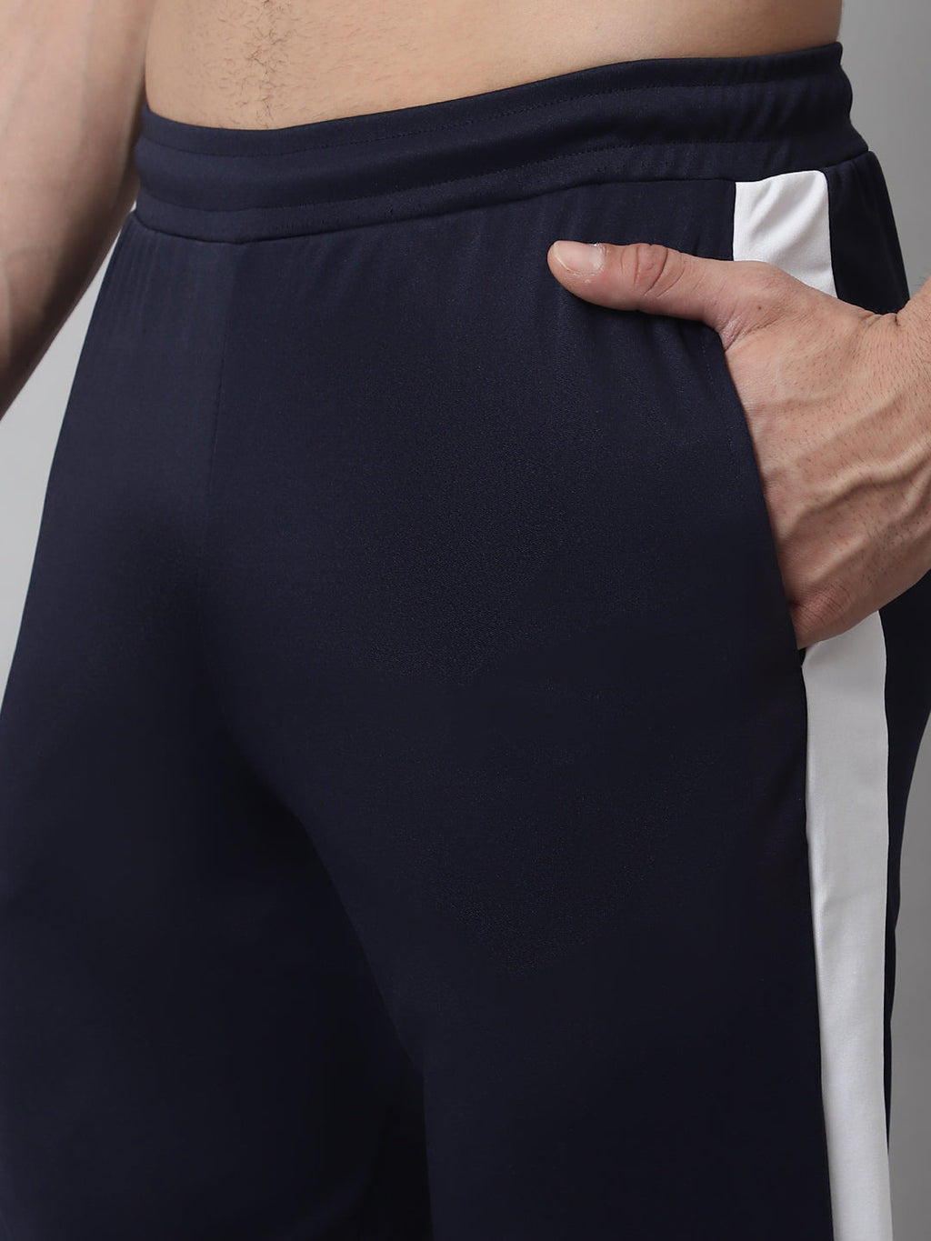 Jainish Men's Navy Blue and White Striped Streachable Lycra Trackpants | Grocsy