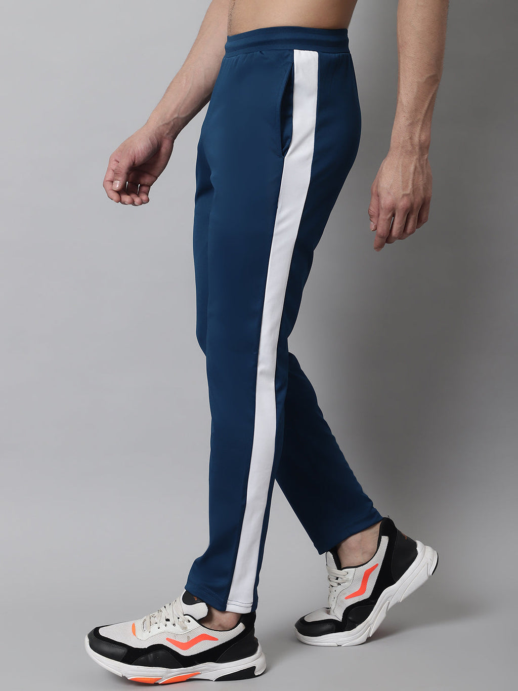 Jainish Men's Peacock Blue and White Striped Streachable Lycra Trackpants | Grocsy