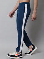 Jainish Men's Peacock Blue and White Striped Streachable Lycra Trackpants | Grocsy