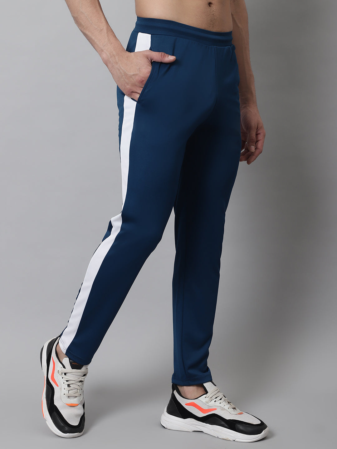 Jainish Men's Peacock Blue and White Striped Streachable Lycra Trackpants | Grocsy