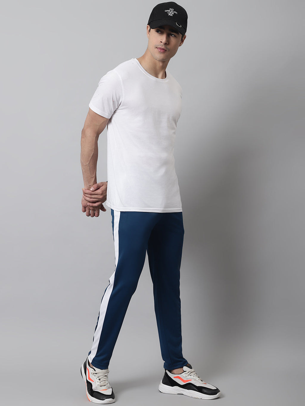 Jainish Men's Peacock Blue and White Striped Streachable Lycra Trackpants | Grocsy