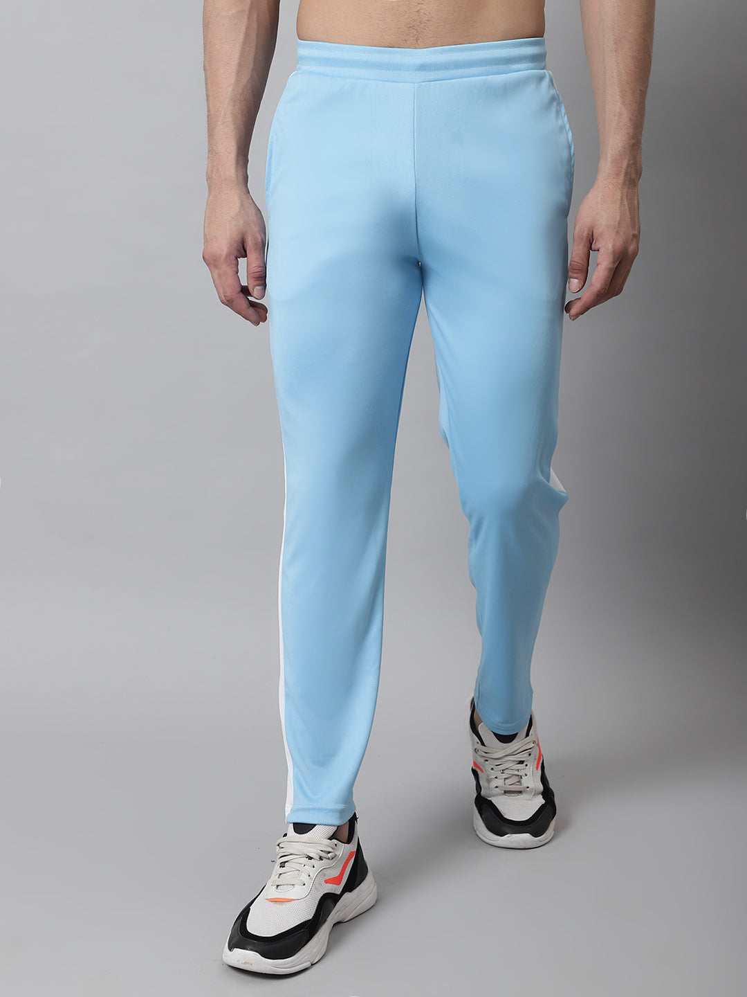 Jainish Men's Sky Blue and White Striped Streachable Lycra Trackpants | Grocsy