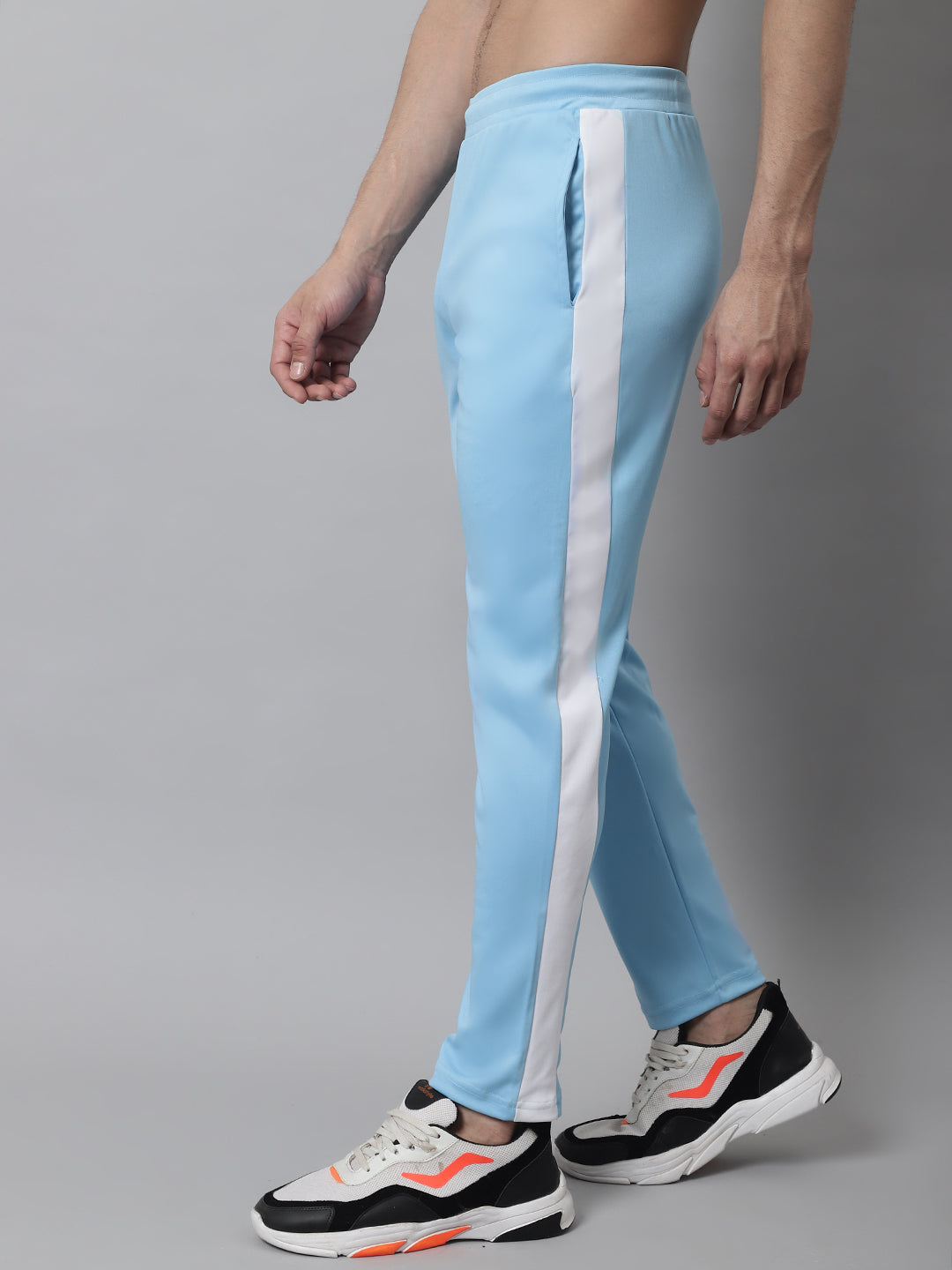 Jainish Men's Sky Blue and White Striped Streachable Lycra Trackpants | Grocsy