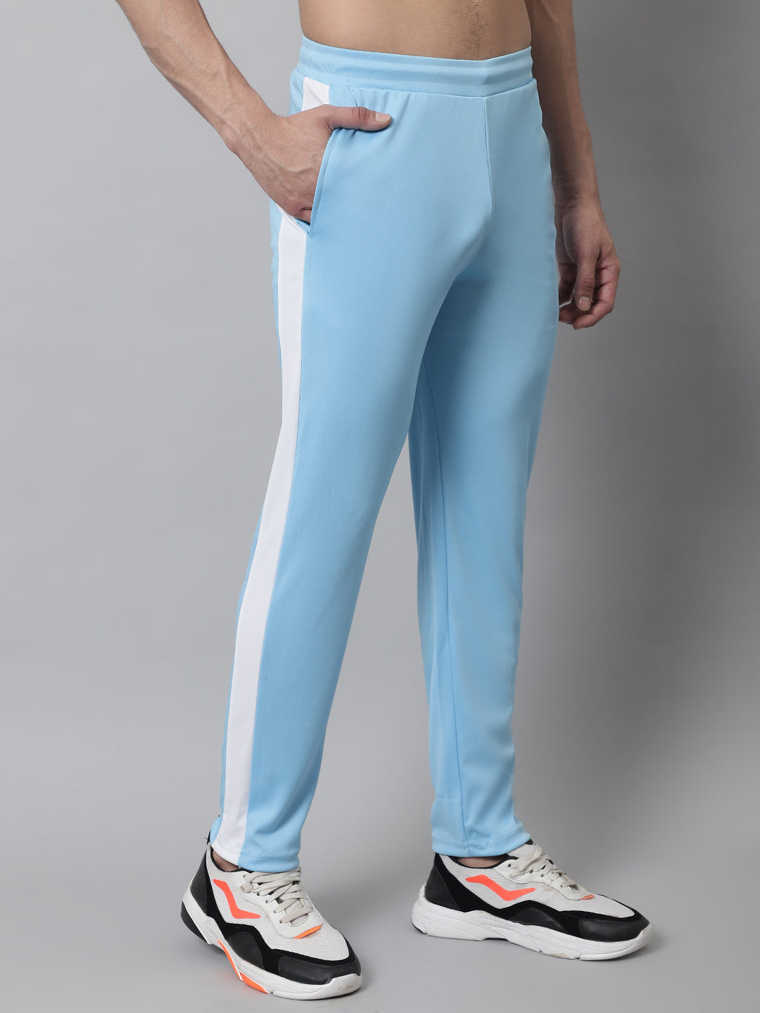 Jainish Men's Sky Blue and White Striped Streachable Lycra Trackpants | Grocsy