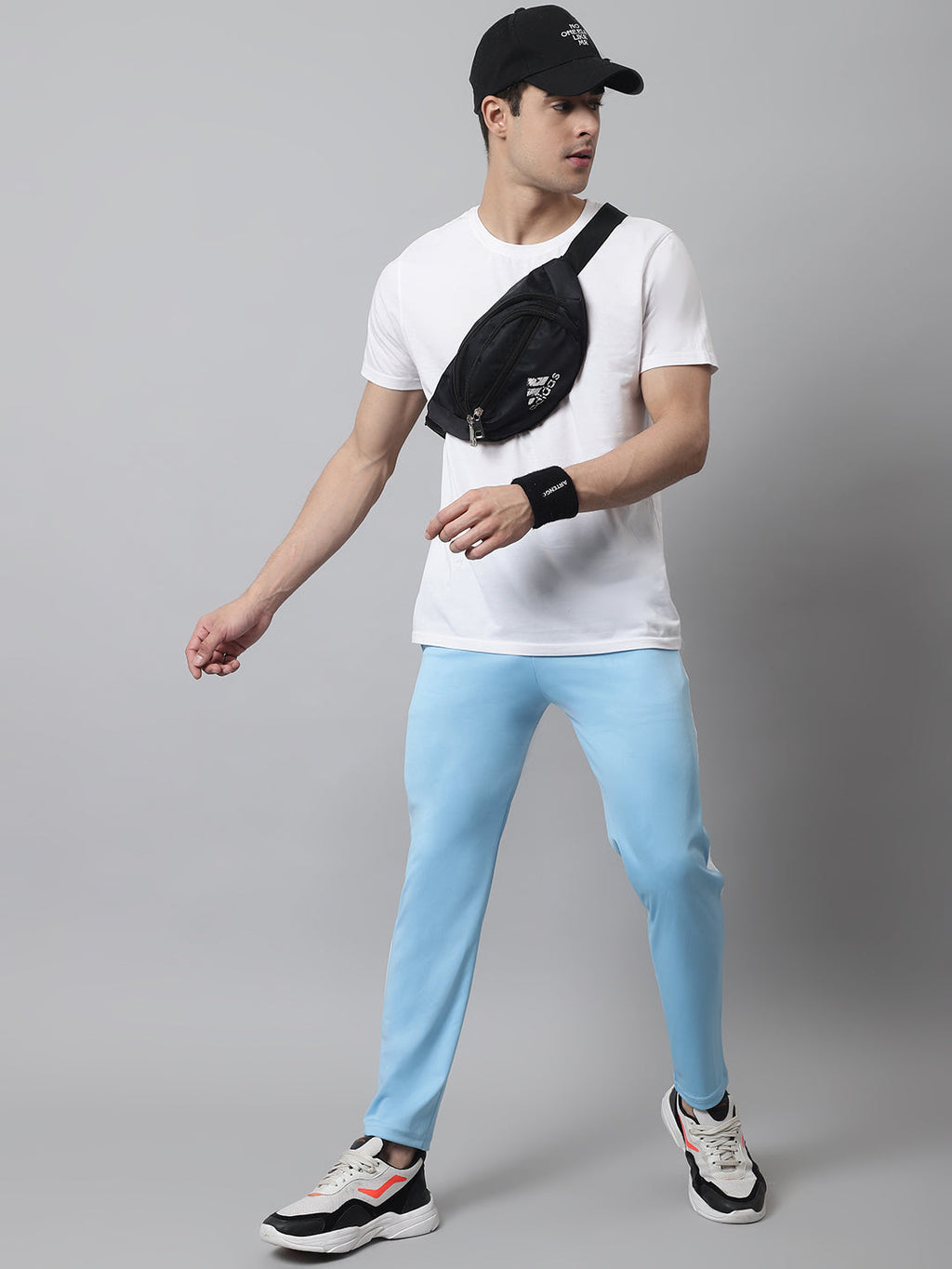 Jainish Men's Sky Blue and White Striped Streachable Lycra Trackpants | Grocsy