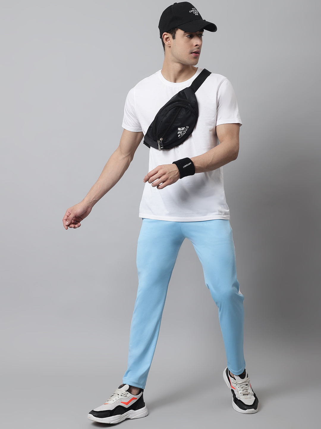 Jainish Men's Sky Blue and White Striped Streachable Lycra Trackpants | Grocsy