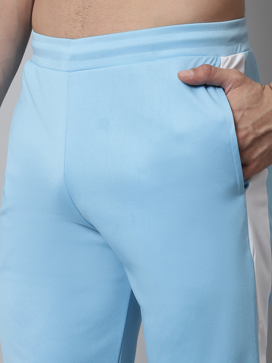 Jainish Men's Sky Blue and White Striped Streachable Lycra Trackpants | Grocsy