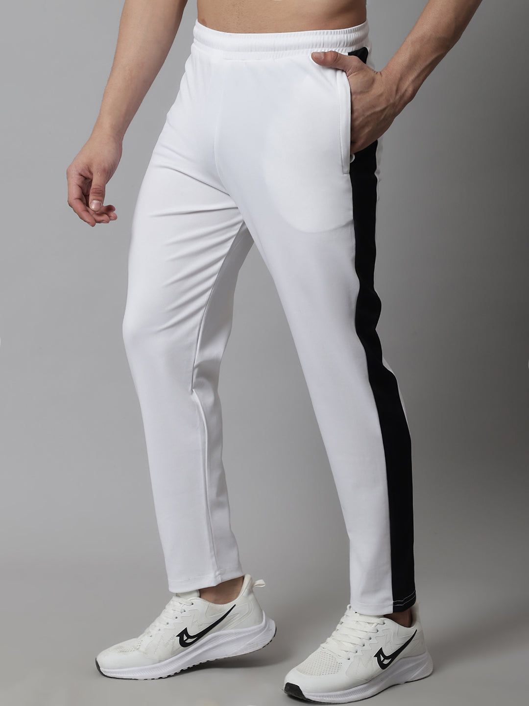 Jainish Men's White and Black Striped Streachable Lycra Trackpants | Grocsy