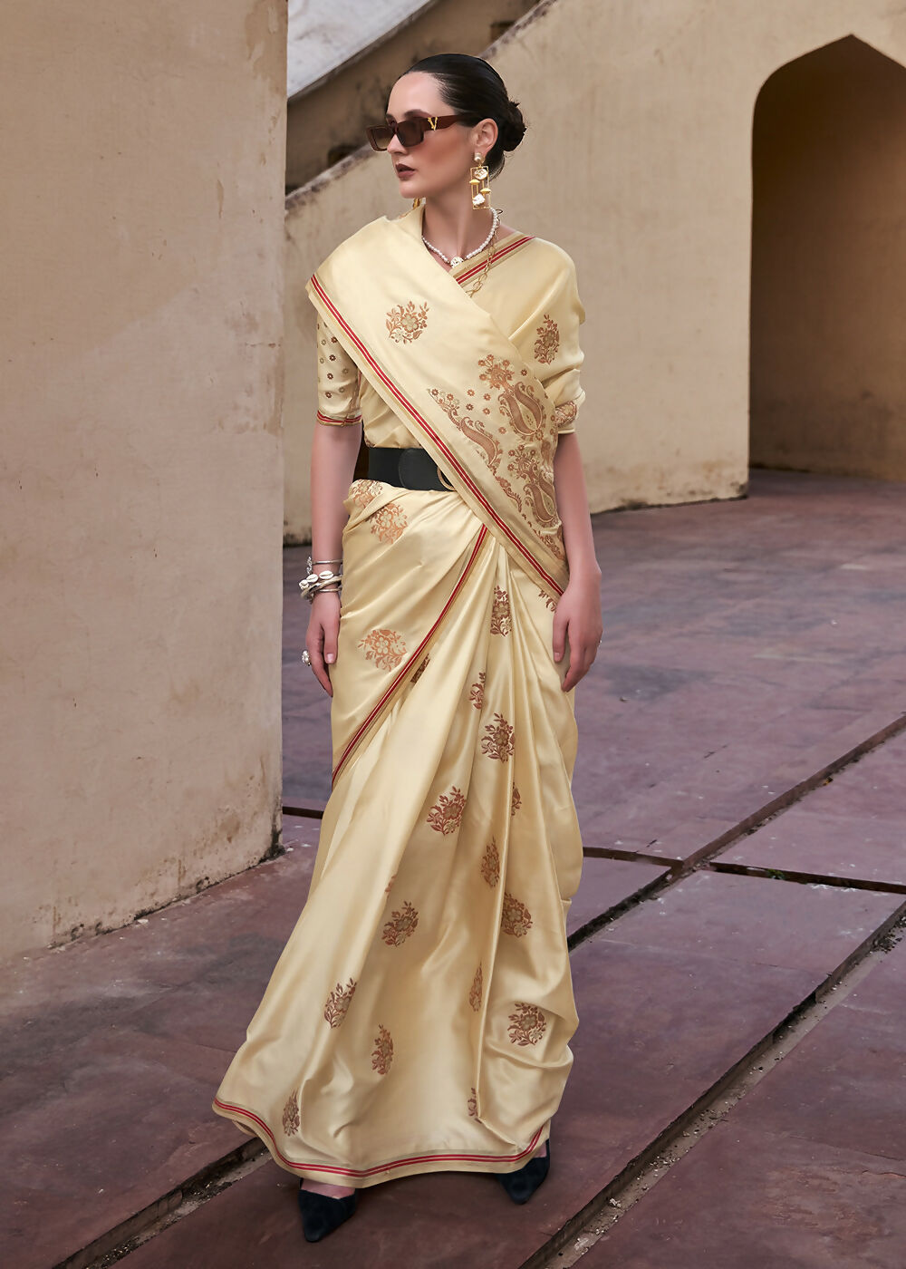 Buttermilk Beige Pure Satin Zari Weaving Wedding Festive Saree - Emponline | Grocsy