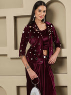 Joban Fashion Women Wine Velvet Hand Embellishment Stitched Dress | Grocsy