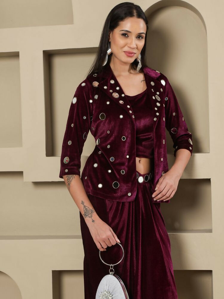 Joban Fashion Women Wine Velvet Hand Embellishment Stitched Dress | Grocsy