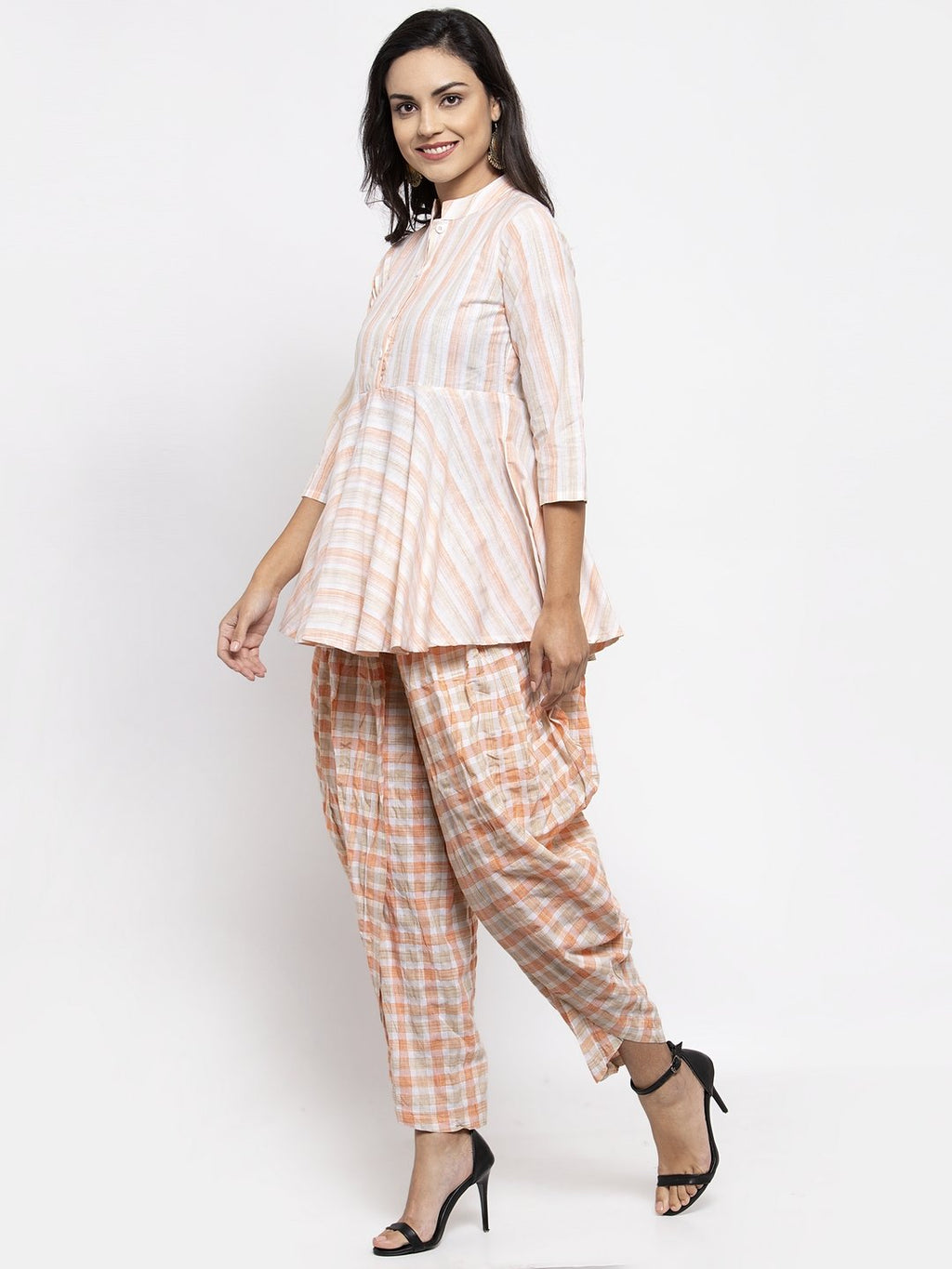 Jompers Women Orange and White Striped Kurta with Dhoti Pants | Grocsy