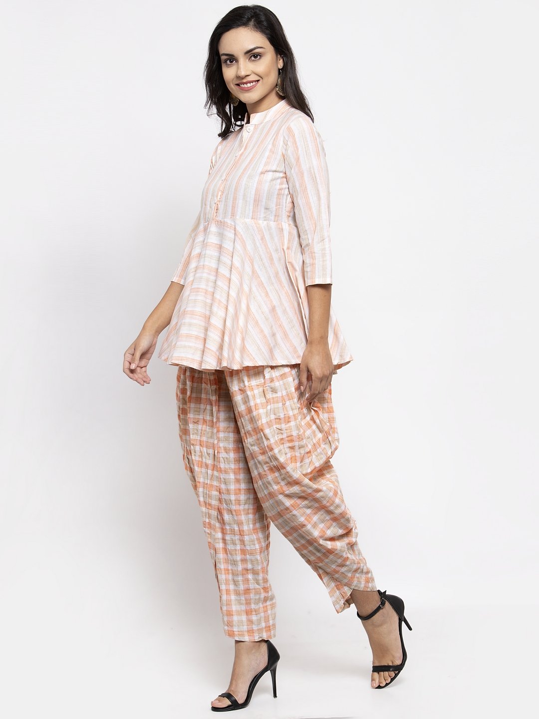 Jompers Women Orange and White Striped Kurta with Dhoti Pants | Grocsy