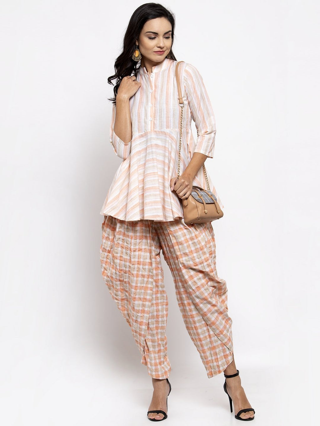 Jompers Women Orange and White Striped Kurta with Dhoti Pants | Grocsy
