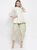 Jompers Women Green and White Striped Kurta with Dhoti Pants | Grocsy