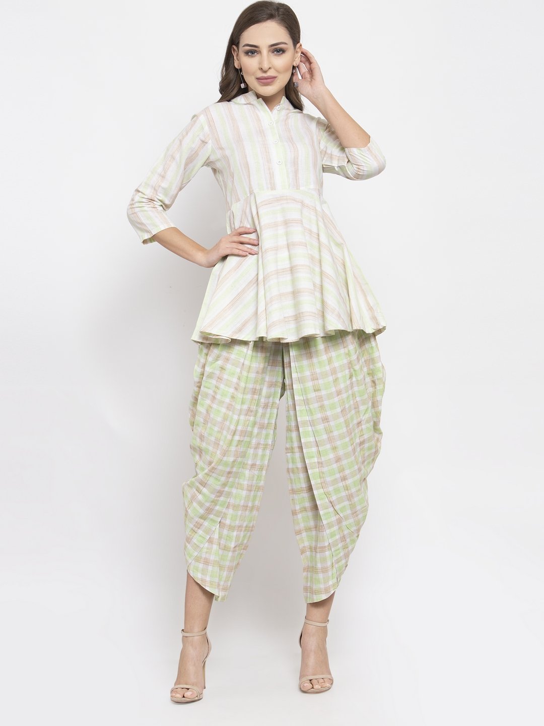 Jompers Women Green and White Striped Kurta with Dhoti Pants | Grocsy