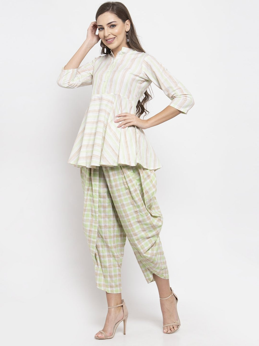 Jompers Women Green and White Striped Kurta with Dhoti Pants | Grocsy