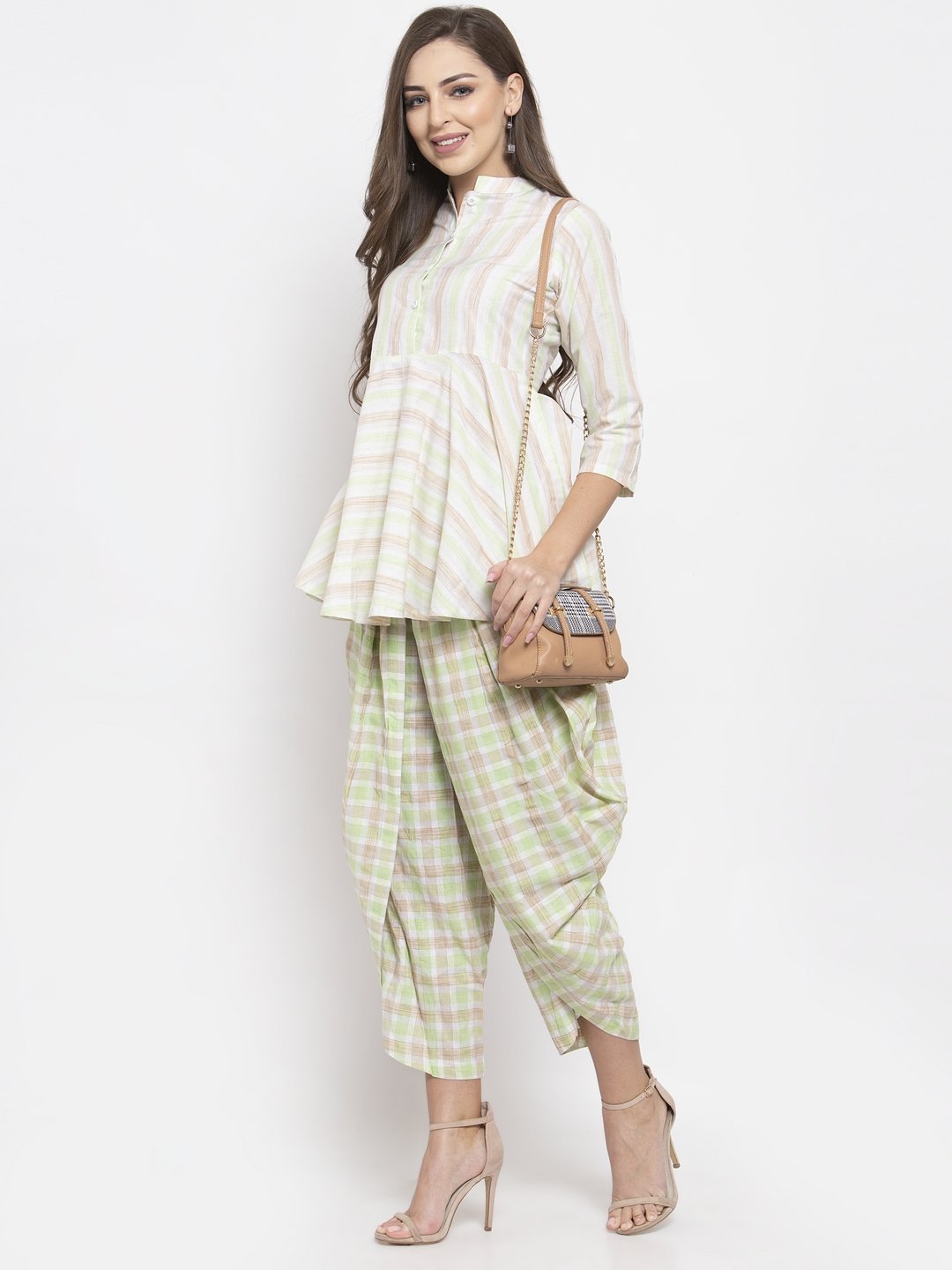 Jompers Women Green and White Striped Kurta with Dhoti Pants | Grocsy