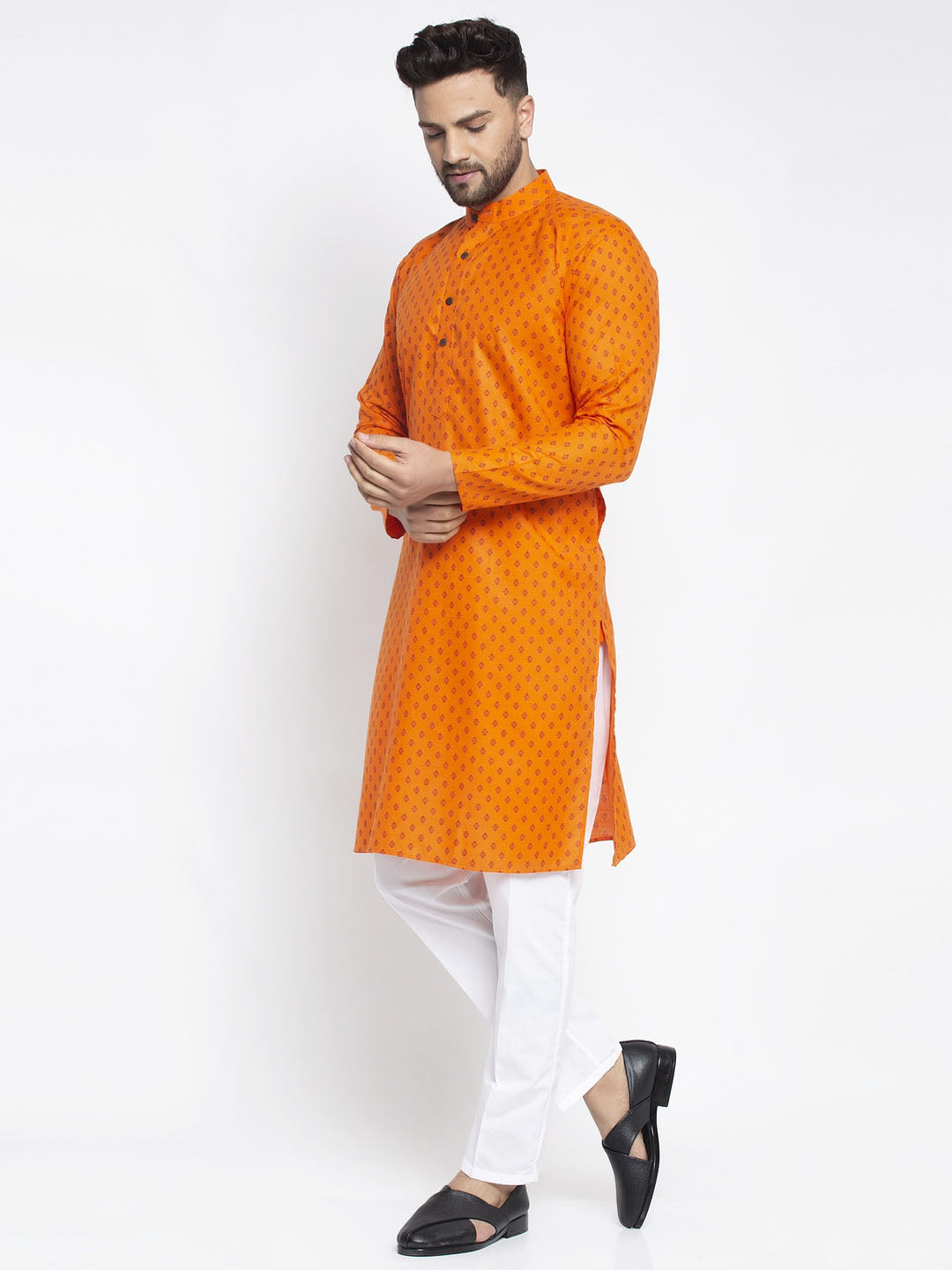 Jompers Men's Orange Printed Kurta Payjama Sets | Grocsy