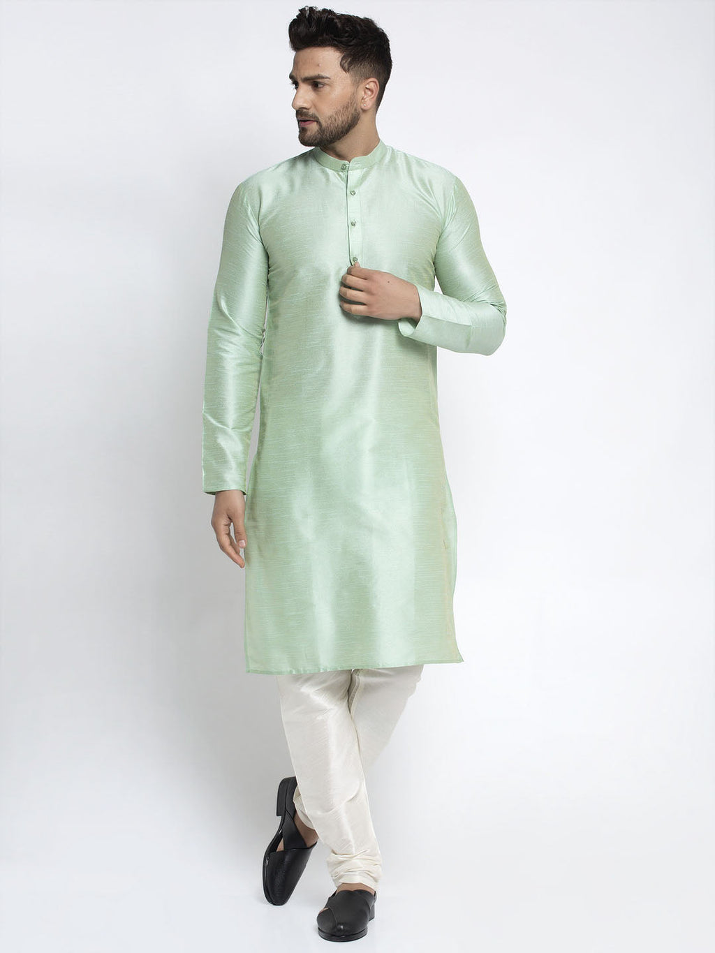 Jompers Men's Green Solid Dupion Silk Kurta Only | Grocsy