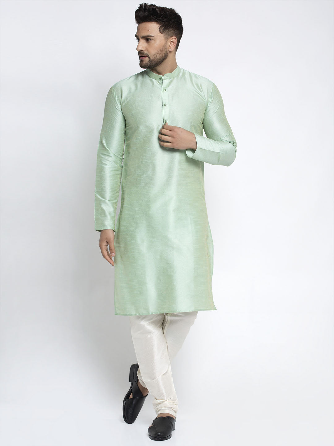 Jompers Men's Green Solid Dupion Silk Kurta Only | Grocsy