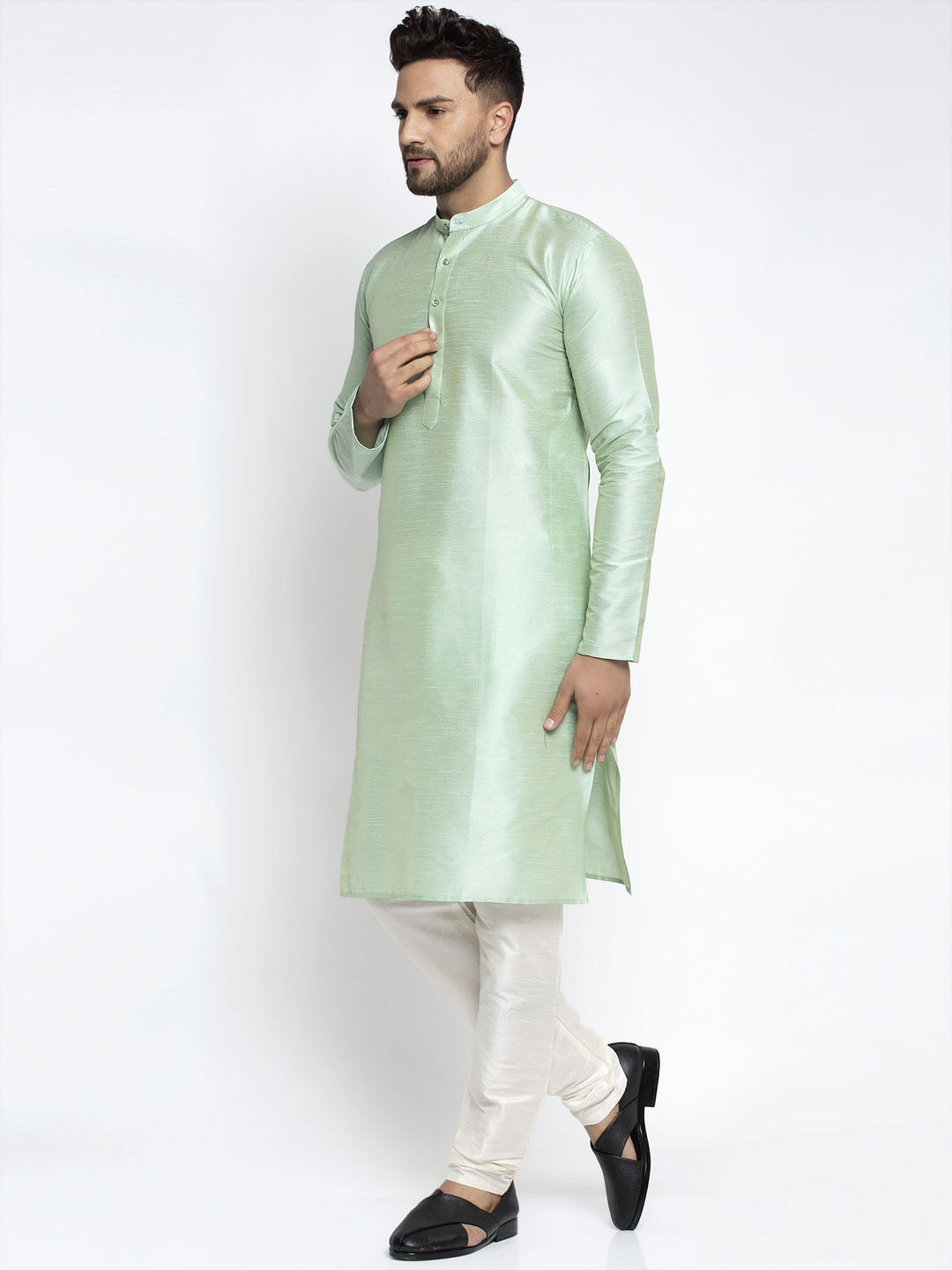Jompers Men's Green Solid Dupion Silk Kurta Payjama Set | Grocsy