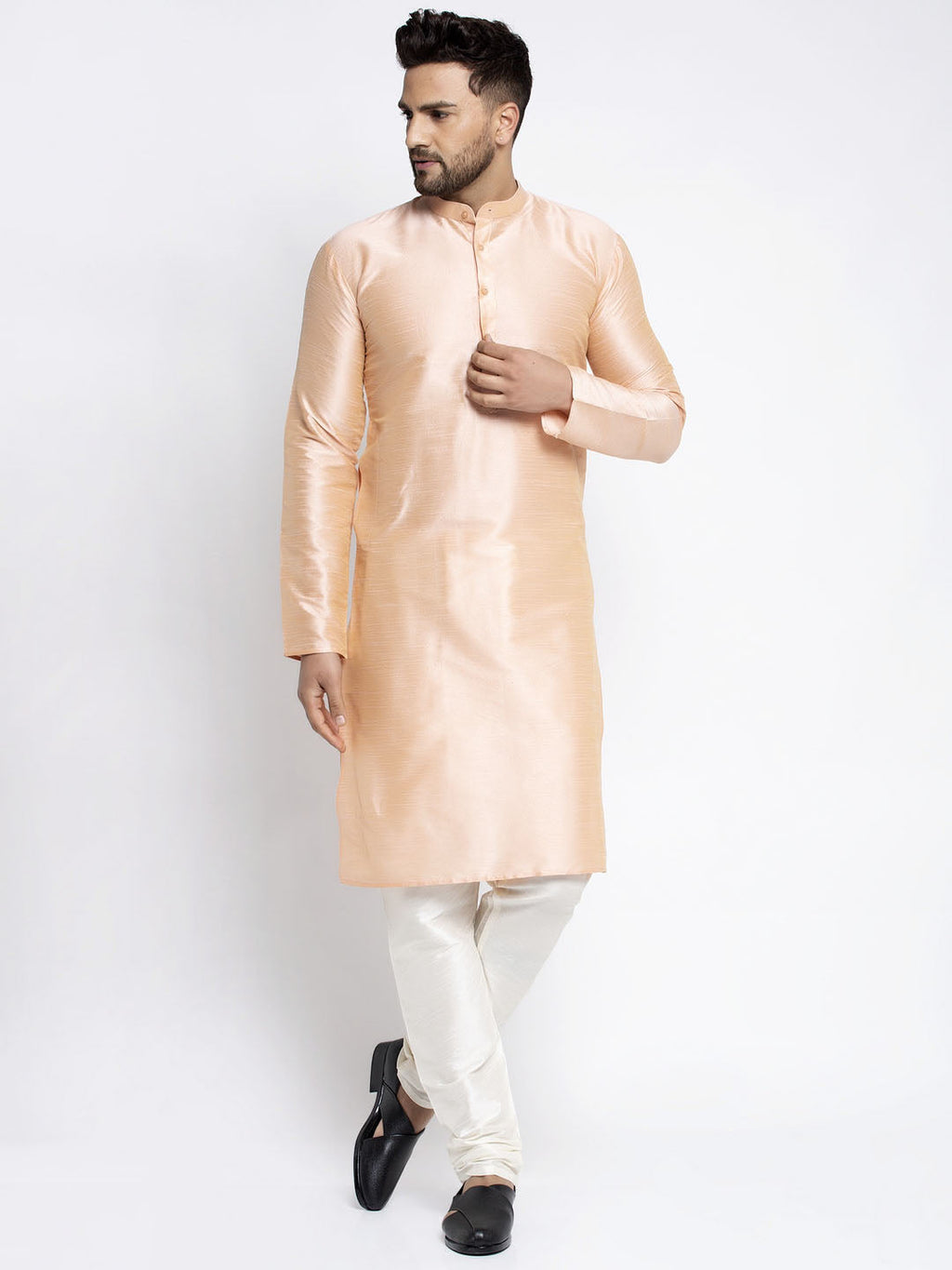 Jompers Men's Peach Solid Dupion Silk Kurta Payjama Set | Grocsy
