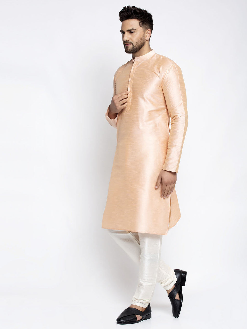 Jompers Men's Peach Solid Dupion Silk Kurta Payjama Set | Grocsy