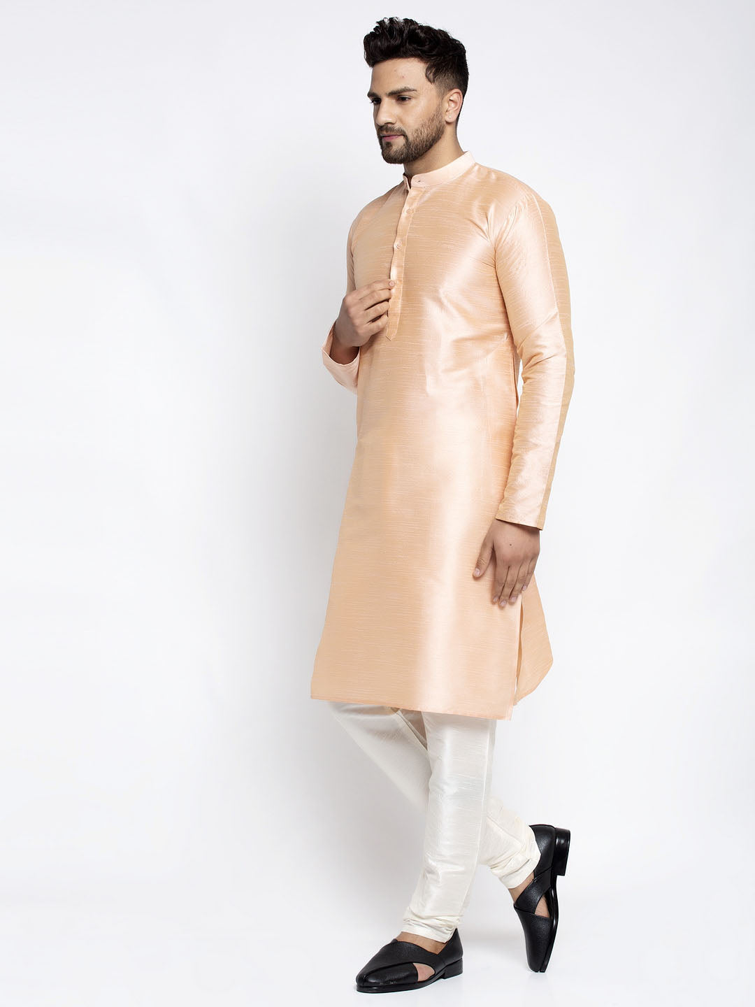 Jompers Men's Peach Solid Dupion Silk Kurta Only | Grocsy