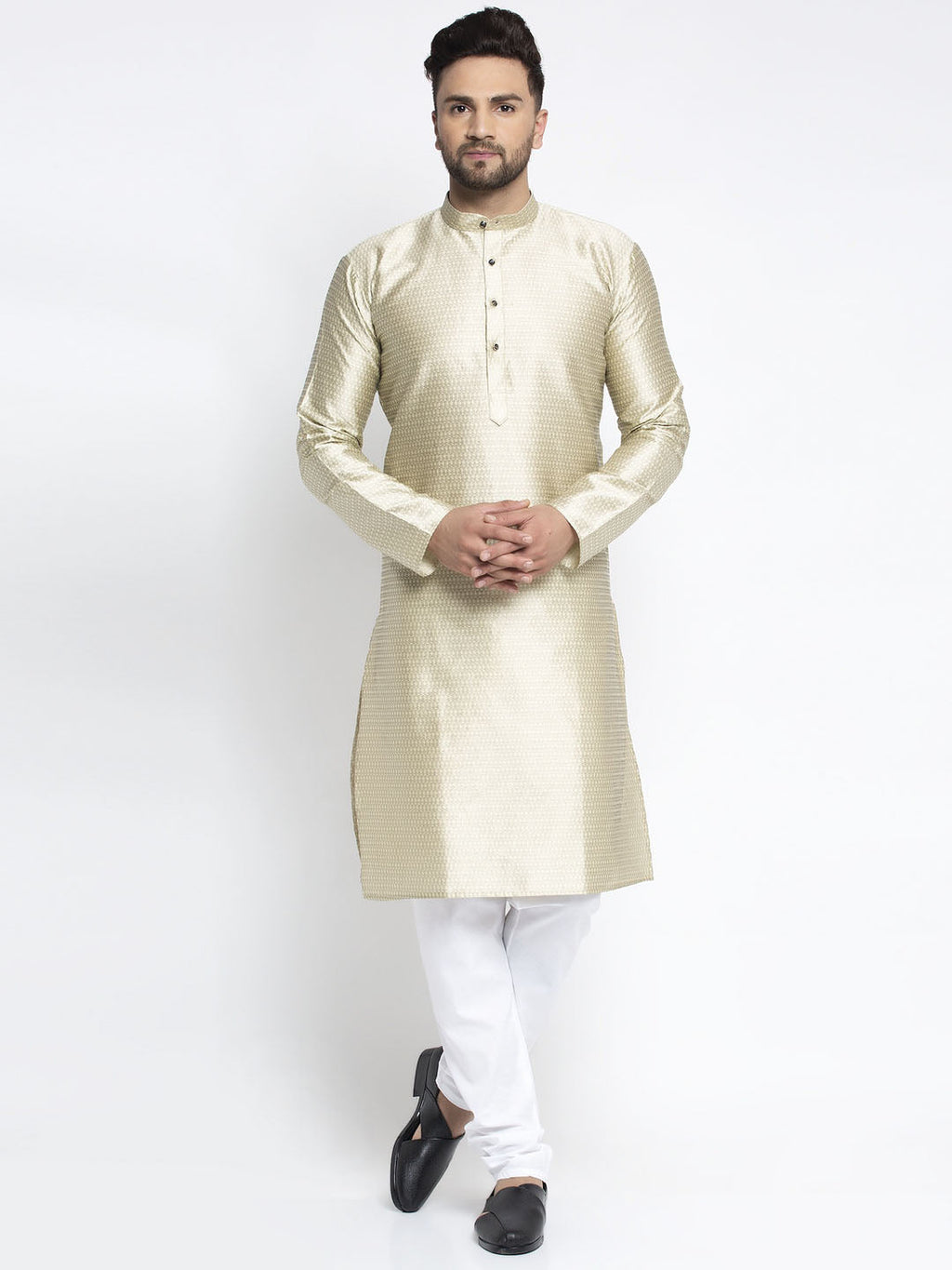 Jompers Men Beige & White Woven Design Kurta with Pyjamas | Grocsy