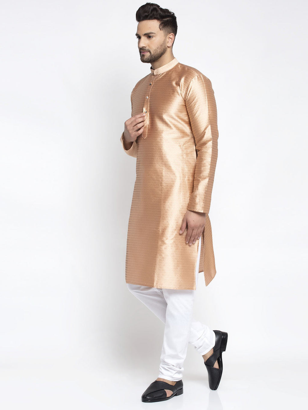 Jompers Men Bronze & White Woven Design Kurta with Pyjamas | Grocsy
