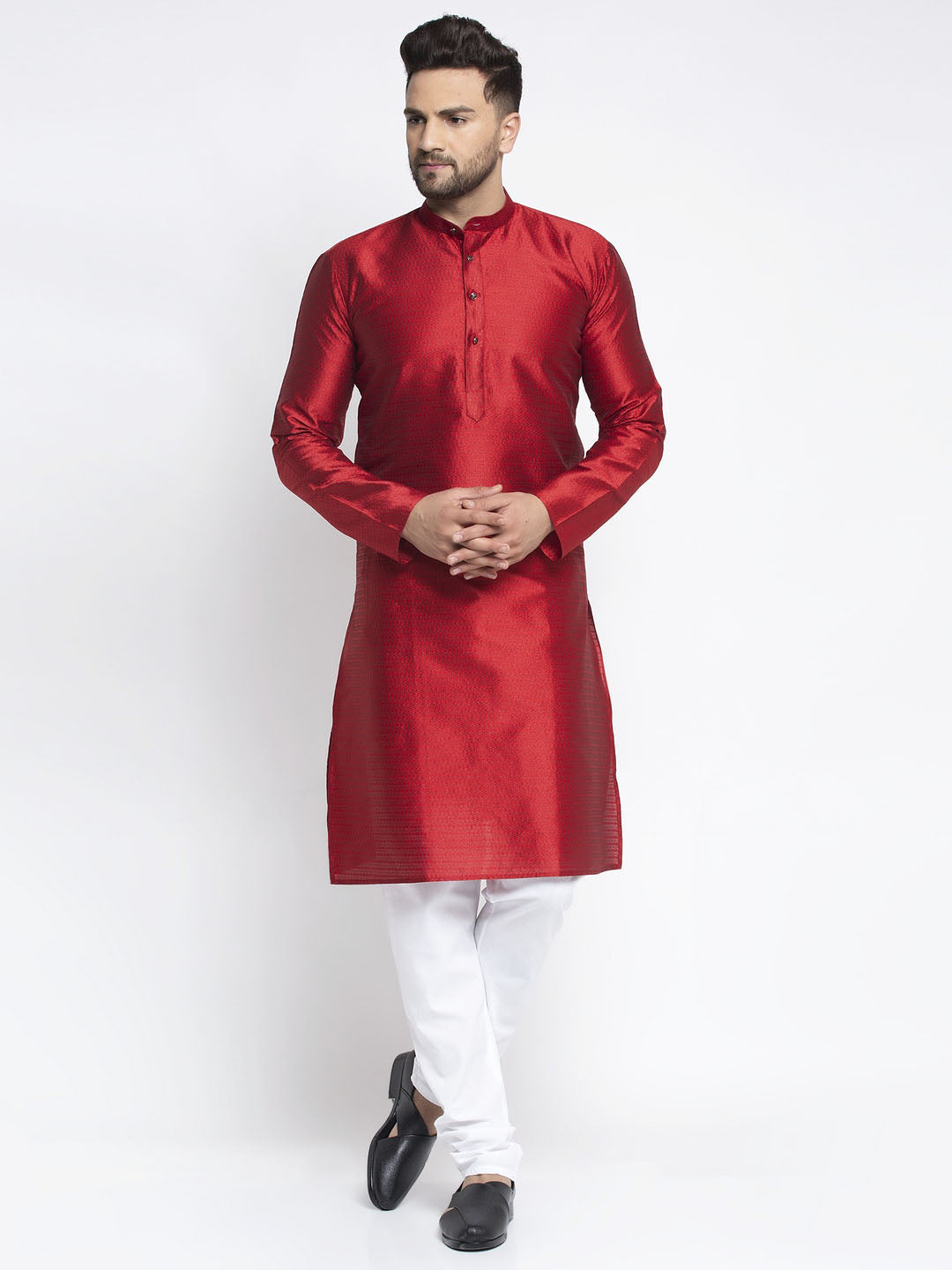 Jompers Men Maroon & White Woven Design Kurta with Pyjamas | Grocsy
