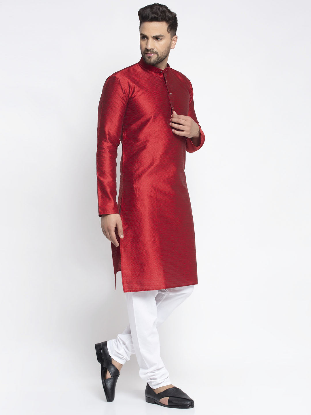 Jompers Men Maroon & White Woven Design Kurta with Pyjamas | Grocsy