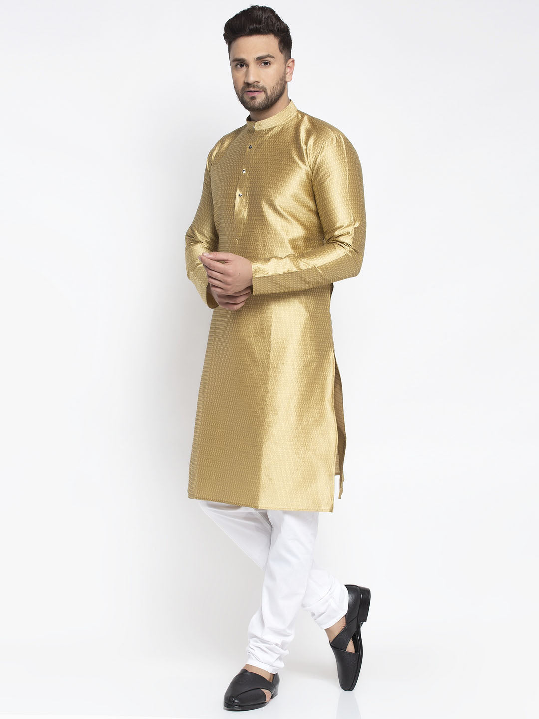 Jompers Men Mustard & White Woven Design Kurta with Pyjamas | Grocsy