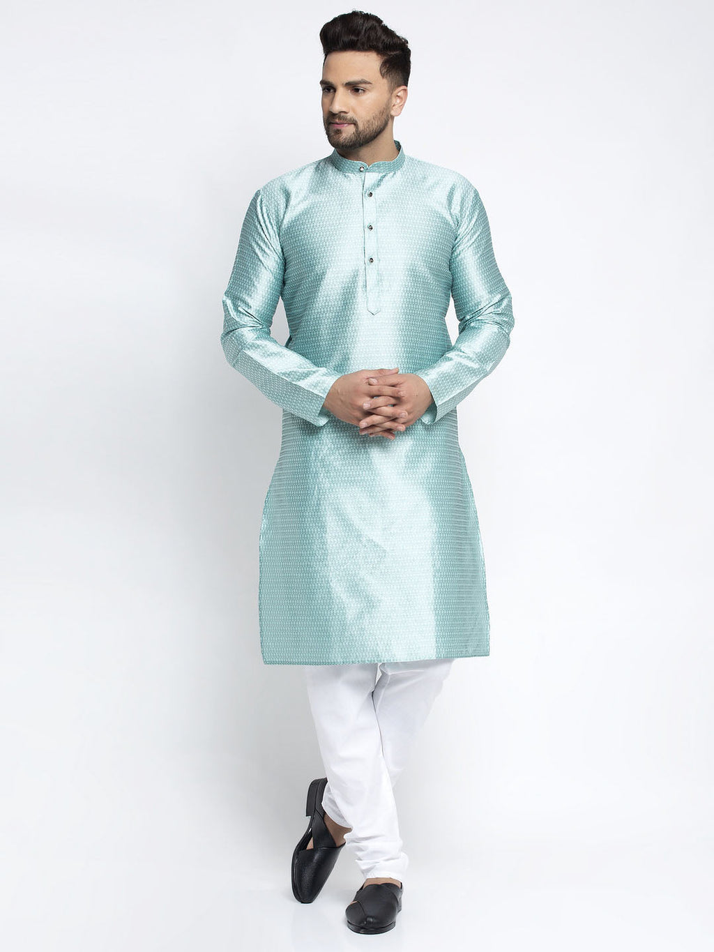 Jompers Men Sky Blue & White Woven Design Kurta with Pyjamas | Grocsy