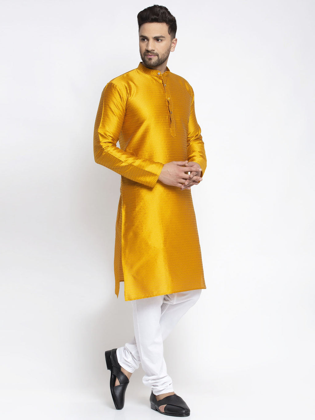 Jompers Men Yellow & White Woven Design Kurta with Pyjamas | Grocsy