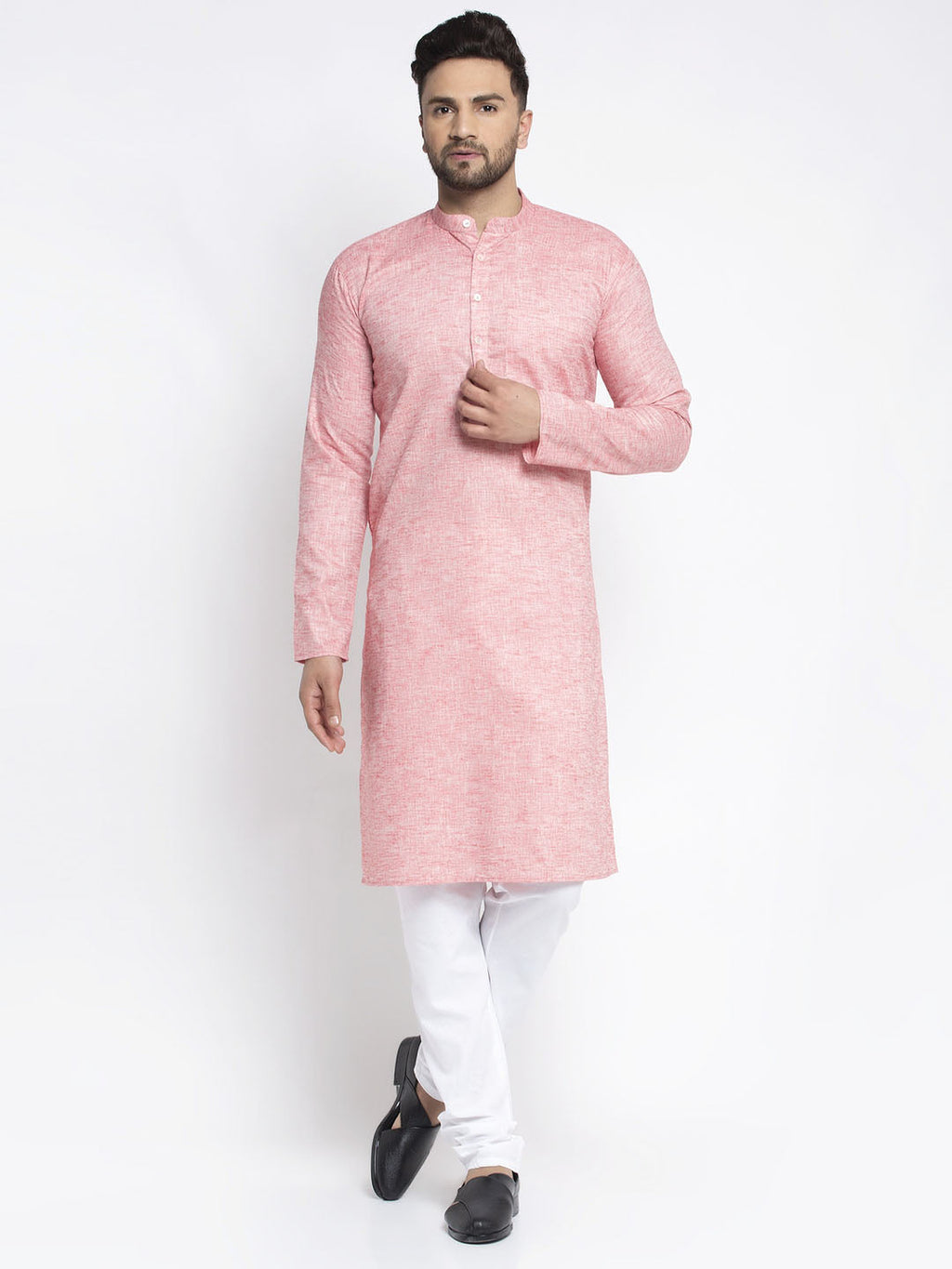 Jompers Men Pink & White Self Design Kurta with Pyjamas | Grocsy
