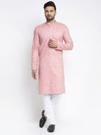 Jompers Men Pink & White Self Design Kurta with Pyjamas | Grocsy