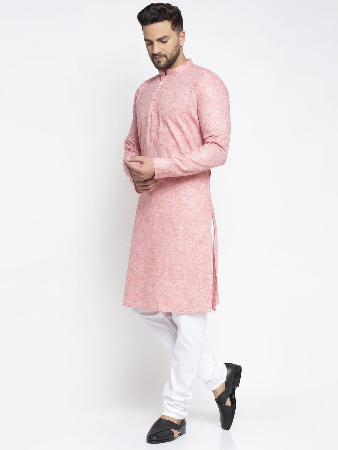 Jompers Men Pink & White Self Design Kurta with Pyjamas | Grocsy