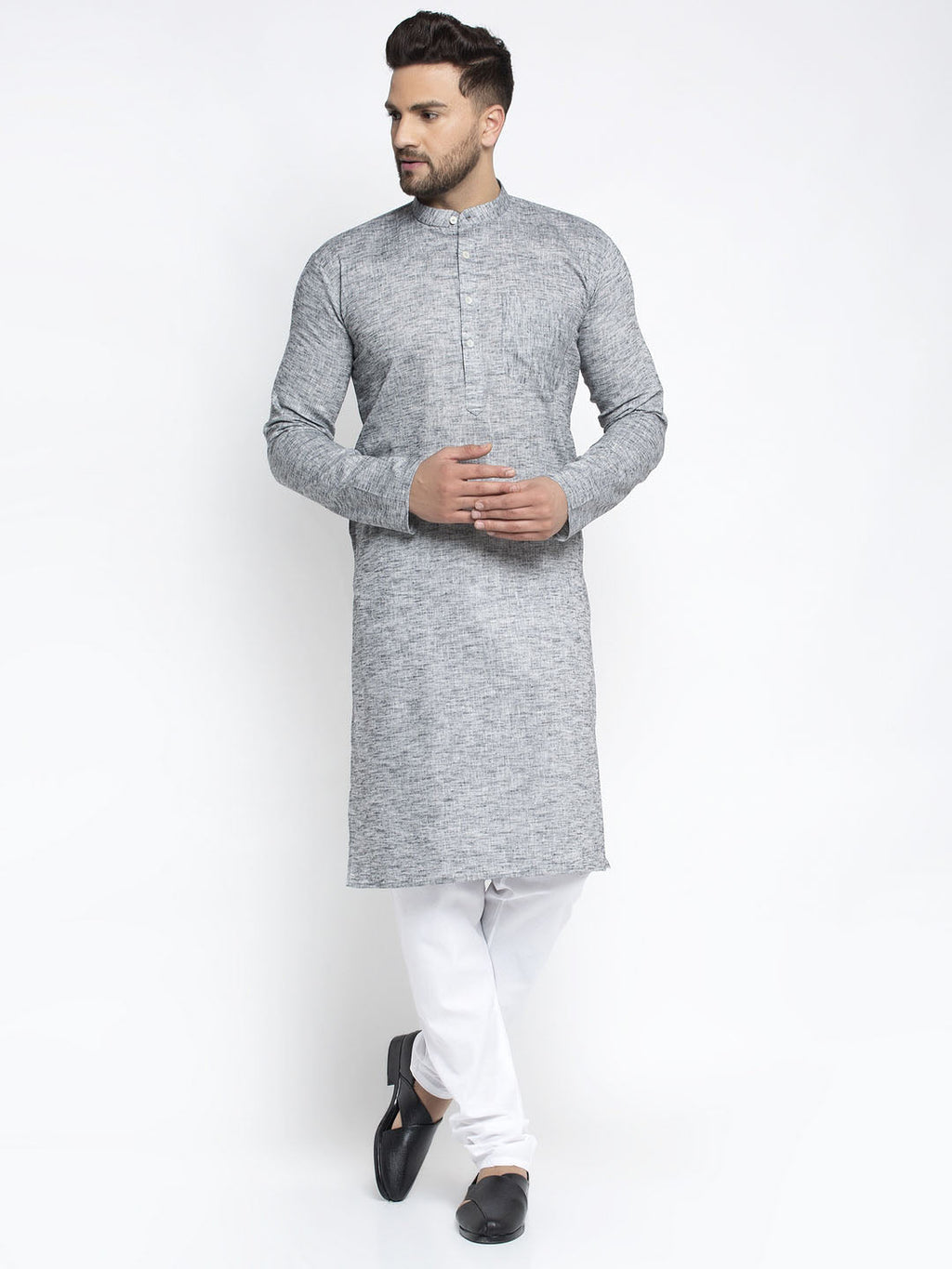 Jompers Men Grey & White Self Design Kurta with Pyjamas | Grocsy