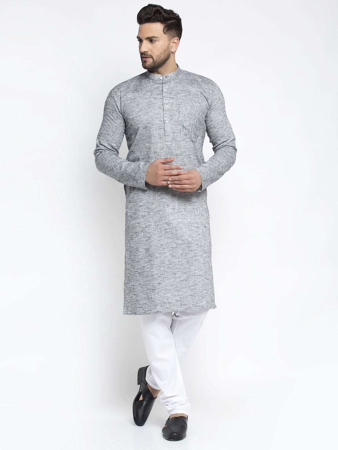 Jompers Men Grey & White Self Design Kurta with Pyjamas | Grocsy