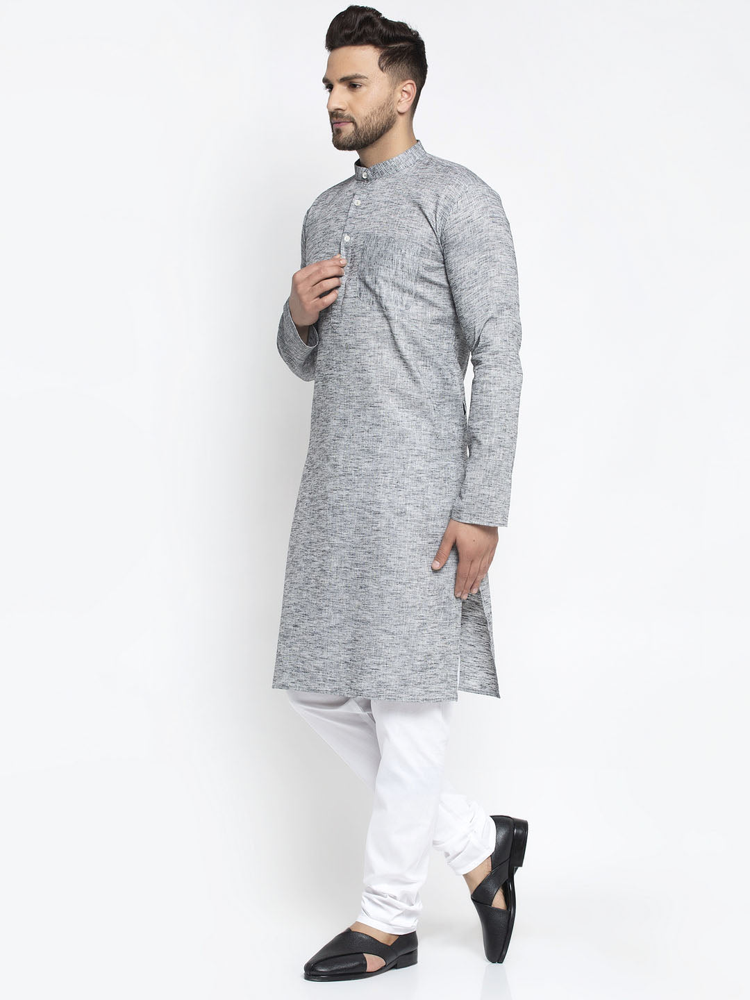 Jompers Men Grey & White Self Design Kurta with Pyjamas | Grocsy