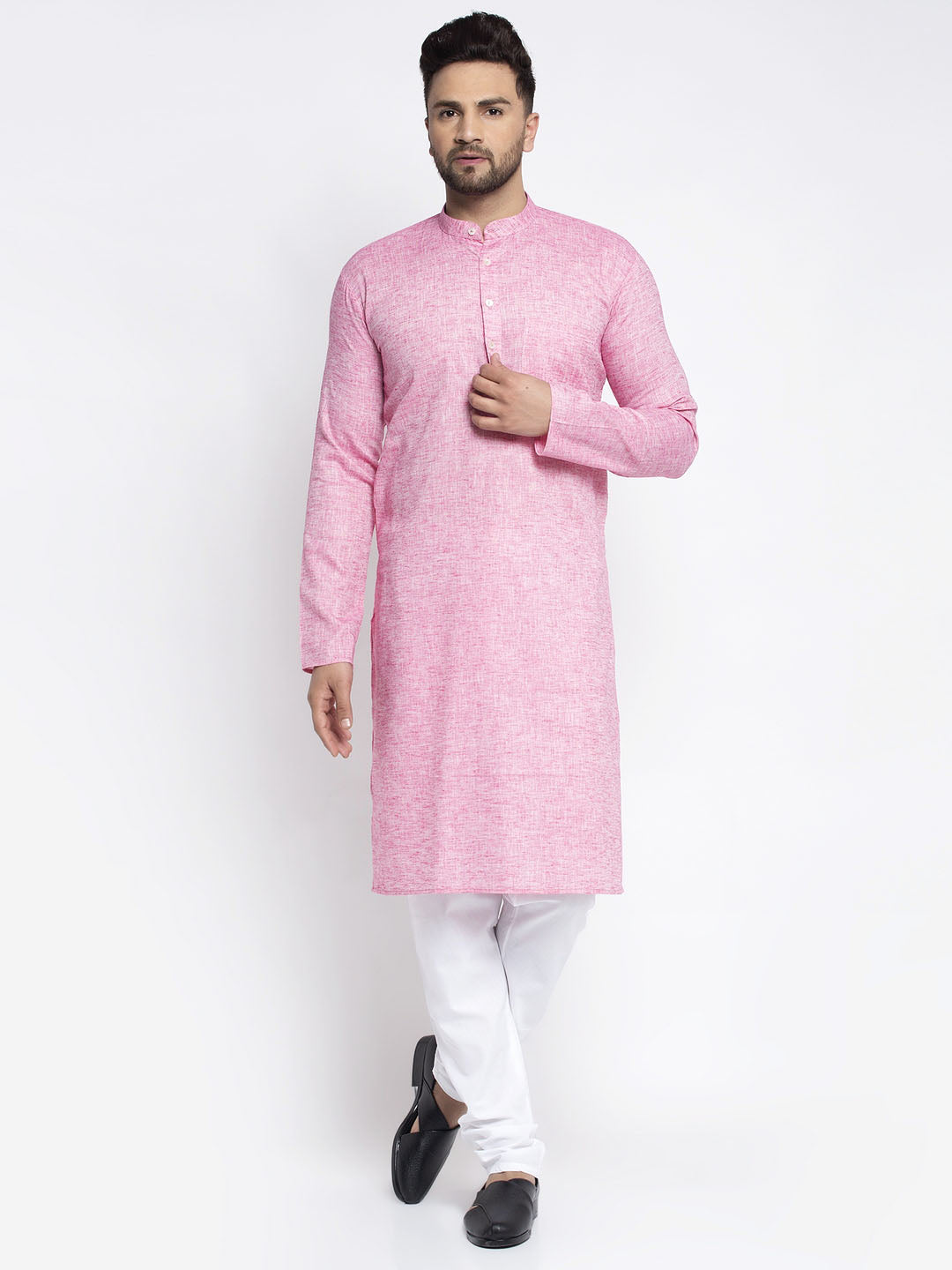 Jompers Men Pink And White Self Design Kurta with Pyjamas | Grocsy