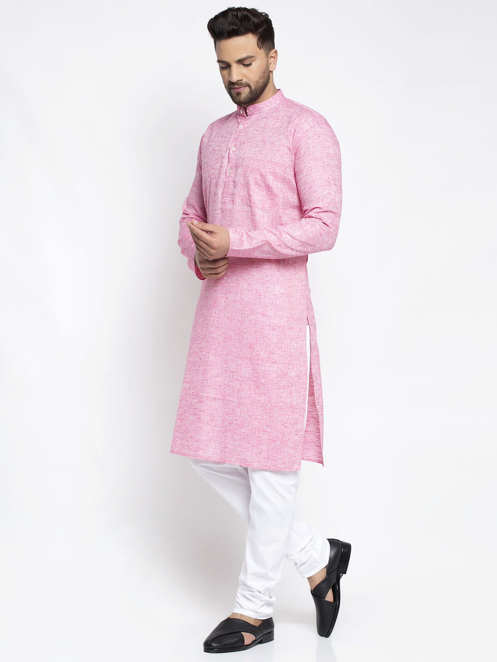 Jompers Men Pink And White Self Design Kurta with Pyjamas | Grocsy