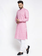 Jompers Men Pink And White Self Design Kurta with Pyjamas | Grocsy